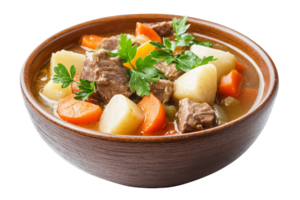 A bowl of soup with meat and carrots isolated on transparent background png