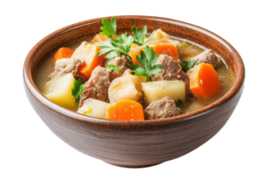 A bowl of soup with meat and carrots isolated on transparent background png