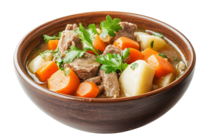 A bowl of soup with meat and carrots isolated on transparent background png