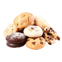 A pile of assorted cookies and pastries, including chocolate chip cookies isolated on a transparent background png