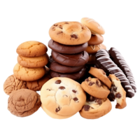 A pile of assorted cookies and pastries, including chocolate chip cookies isolated on a transparent background png