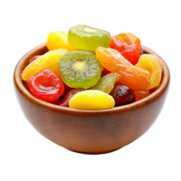 A variety of candied fruits in a bowl, isolated on a transparent background png