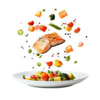 A plate of food with a piece of salmon and vegetables png