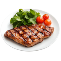 A piece of grilled meat with a side of vegetables and tomatoes png
