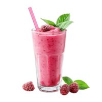 A glass of pink smoothie with a pink straw and a few raspberries on the side png
