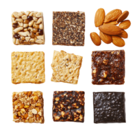 A variety of snacks including nuts and crackers are displayed in a grid png