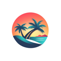 A tropical beach scene with palm trees and a sunset in the background png