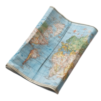 A map of the world is folded up and laying on a transparent background png