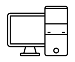 Desktop computer and monitor displaying empty screen, line art icon png