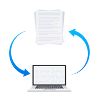 Document exchanging between laptop and paper sheets using rotating arrows png