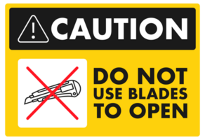 Caution sign recommending not using blades to open packages png