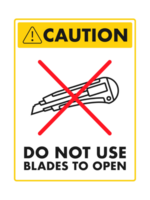 Caution sign depicting box cutter with do not use blades to open warning png