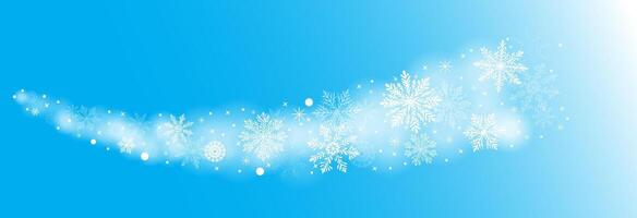 A blue background with feather-like snowflakes and a winter holiday design. The wind blows the snowflakes along the wind, creating a beautiful path. Christmas and Happy New Year Concept. vector