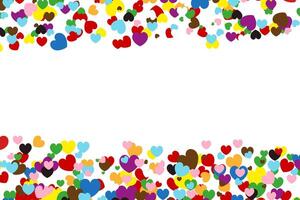Love frame. Progress Pride Heart shaped confetti forming a header - footer background for use as a design element. Valentine Day concept. LGBTQ. vector