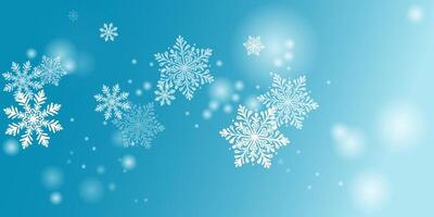 Snowfall on blue sky teal blue wallpaper. A festive Christmas and Happy New Year design featuring white snowflakes and a winter themed. Winter fleck crystallic granules. Snow hurricane scenery. vector