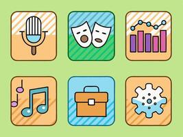 Event planning icons set. microphone, music note, theatre masks, briefcase, chart, graph, cog vector
