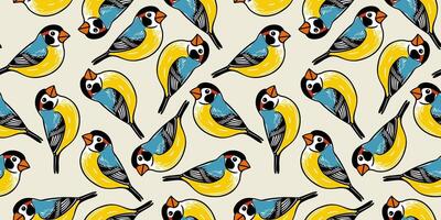 seamless pattern with colorful cute titmouses on light beige background vector