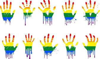 lgbt pride illustration bundle, pride rainbow set, handprints sticker pack, abstract hands in colorful paint drip vector