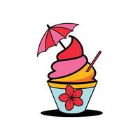 Swirled Ice Cream Cone Clipart with Umbrella - Yellow and Pink Layers on White Background vector