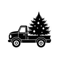Christmas Tree in Vintage Pickup Truck Silhouette Illustration White Background vector