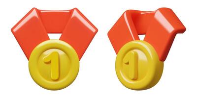 Gold medals first place 3d icons with a number one and a red ribbon vector