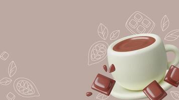 Cocoa and chocolate poster background with 3d chocolate drink blocks and cocoa beans doodles vector
