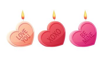 Burning heart shaped candles for Valentine's Day. Romantic candles with words on white background. isolated illustrations vector