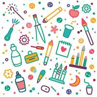a colorful set of objects that include a pencil, a paintbrush, a cup, a bottle vector