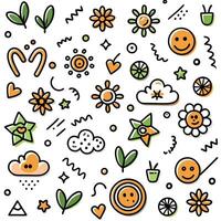 a colorful set of doodles with flowers and clouds vector