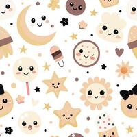 a pattern with cute faces and stars vector