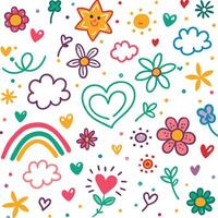 a colorful set of doodles with hearts, stars, clouds and rainbows vector