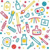 art supplies and tools in a colorful pattern vector