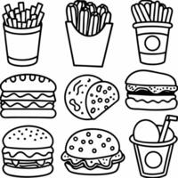 fast food icons set, including hamburger, fries, and soda vector