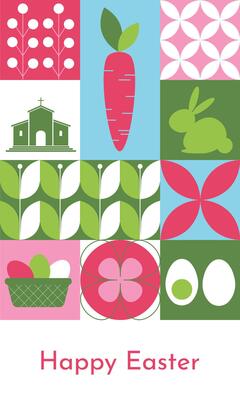 Geometric mosaic banner for Easter with traditional symbols. Easter greeting card with modern minimalist design.
