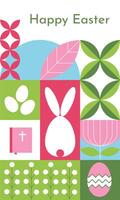 Easter geometric background, pattern. Abstract Easter banner, greeting card with mosaic traditional elements, symbols - rabbits, eggs, plants. vector