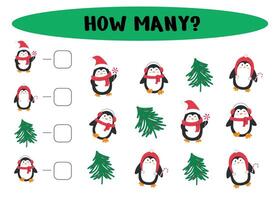 How many Christmas penguins and Christmas trees. Count penguins and write the answer. Worksheet for preschool and kindergarten. vector