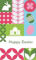 Easter greeting card with traditional geometric elements such as rabbit and egg, plants, carrot. Mosaic patterns. vector