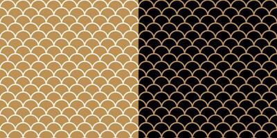 Japanese seamless patterns of waves on gold and black backgrounds. Asian traditional geometric texture design vector