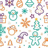 christmas seamless pattern with snowman, tree, presents and other items vector