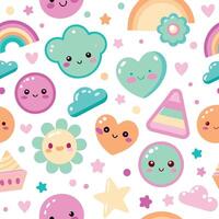 cute kawaii seamless pattern with hearts, rainbows and clouds vector