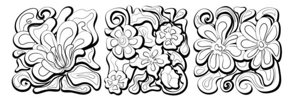 Groovy abstract flower square posters. Floral doodle patterns. Trendy set. vector