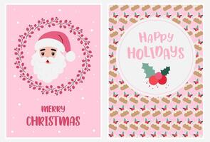 Set of Merry Christmas and Happy Holidays cards with Santa and pattern with pies and holly berries. Flat cartoon style illustration vector