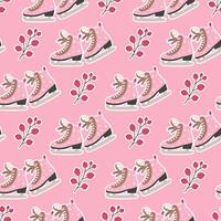 Winter pattern with ice skates and branches with red berries. Hand drawn illustration in flat cartoon style vector