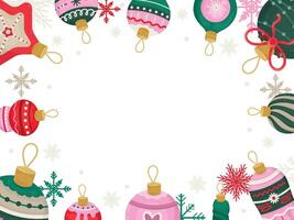 Frame template with festive New Year toys and snowflakes on white background, cartoon vector