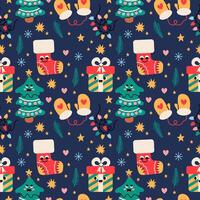 New Year or Christmas pattern with cute characters, New Year trees and gifts vector