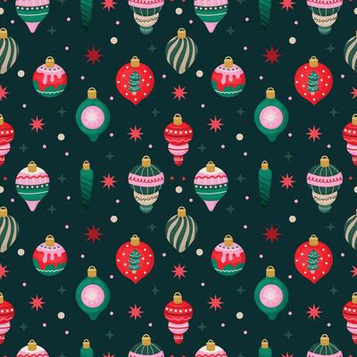 Seamless pattern with New Year's Christmas toys on a tree on a colored background