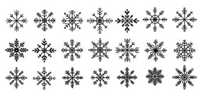 Linear set of icons with snowflakes black on white background. vector