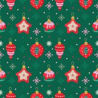 Seamless New Year's contrast pattern with red New Year's toys on a green background. Bright background or wallpaper for your projects vector