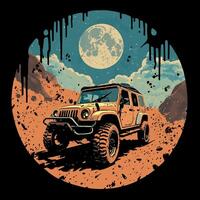 A jeep driving through the desert with a full moon in the background vector