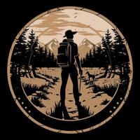 A man with a backpack and hiking trail in the woods vector